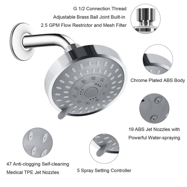 Silver Shower Head Fixed, Anti Limescale High Pressure Shower