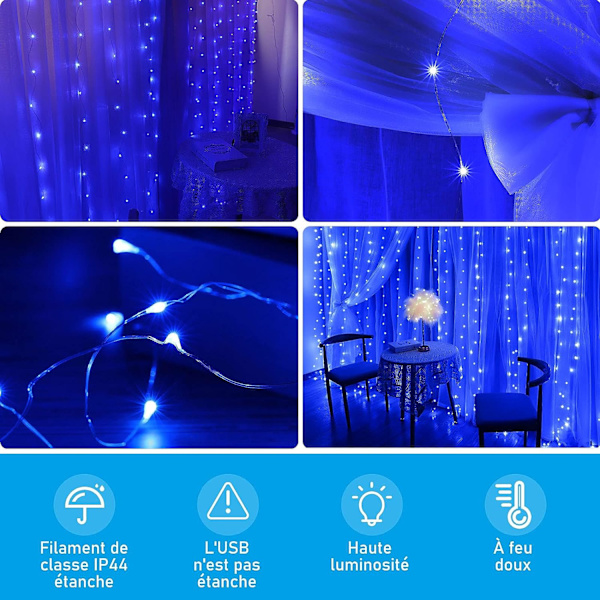 Gardiner Lys Blå Girlander, 3 * 3m 300LEDs Gardiner Lys