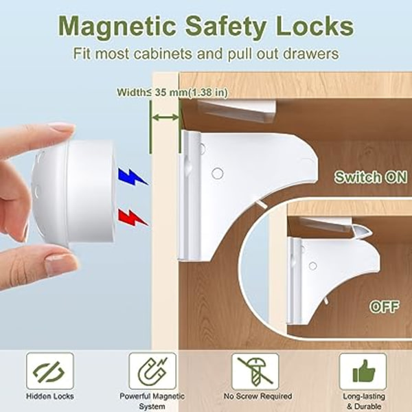 Magneettiset lapsiturvallisuuslukot kaappeihin, 2 kpl Vauvan kestäviä magneettilukoja