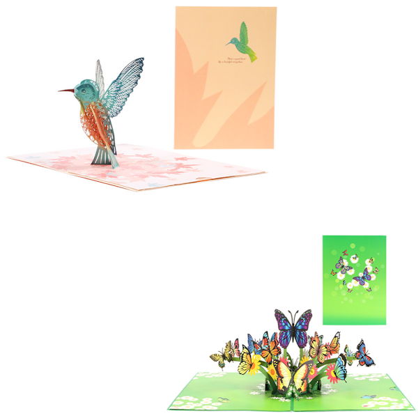 2 kpl kauniita kolibri- ja perhospop-up-kortteja, 13 x 18 cm -