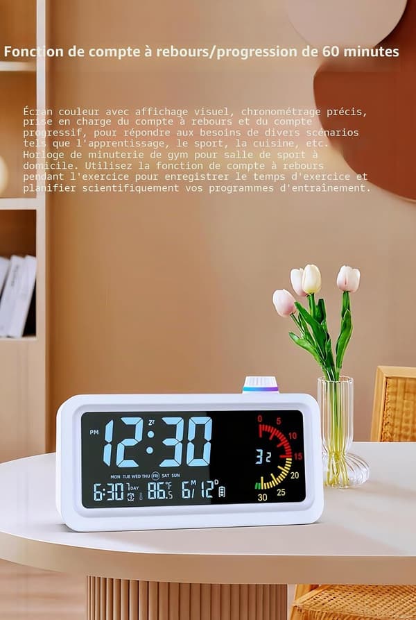 Smart väckarklocka med visuell timer, nedräkningstimer med temperaturvisning, perfekt för hemmagym och studenter (Färgglad blå)