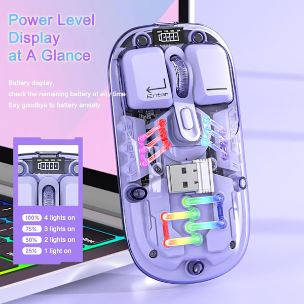 Trådløs Bluetooth Mus, Transparent BT + 2.4G Dual-Mode Mekanisk Mus med Magnetisk Topdæksel, Genopladelig RGB