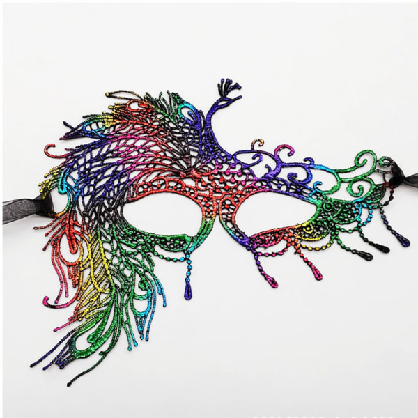 En flerfarvet dobbeltbånds-påfuglmaske til kvindelig halvansigtsdans
