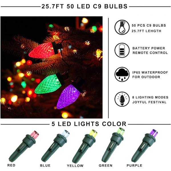 25,7FT 50LED Batteridrevne Julelys, 8 Tilstande Julepynt Indendørs Lys, Vandafvisende C9 Julelys
