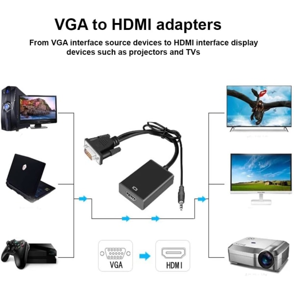 VGA til HDMI adapter med 3,5 mm lydkabel og strømledning, VGA