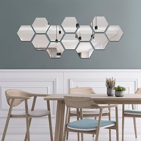 12 st Hexagonala, Silver Akryl Spegel Självhäftande Vägg Spegel Vägg