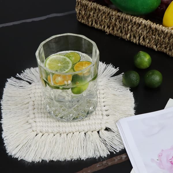 Absorberende coasters til drikkevarer, Boho coasters til træbord, Macrame coasters, 2 STK firkantede, Beige