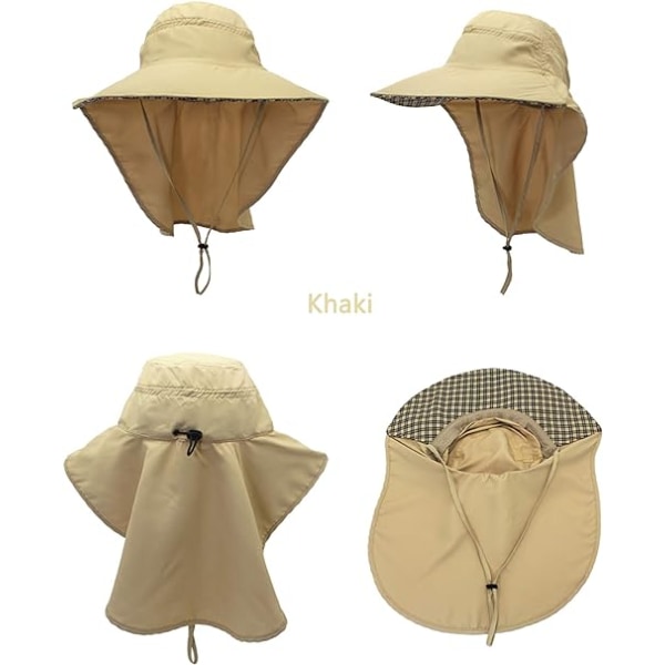 Khaki neutral UV-beskyttelseshat med 25 cm nakkebeskyttelse og