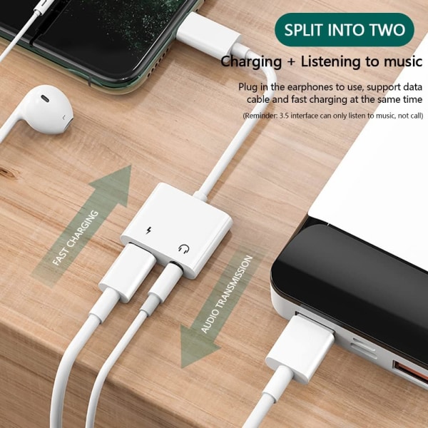 iPhone-hörlursadapter 2-i-1 Lightning+3,5 mm-uttag för hörlurar