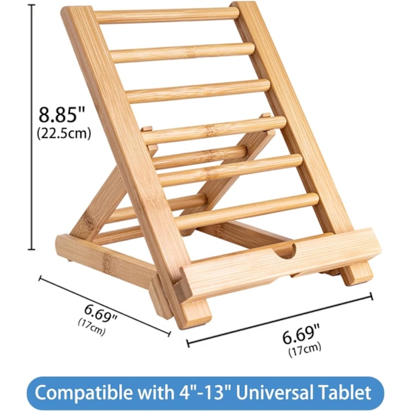 Justerbar sammenleggbar bambus nettbrettstativholder i tre med ladehull for skrivebord iPad matlagingsstativ