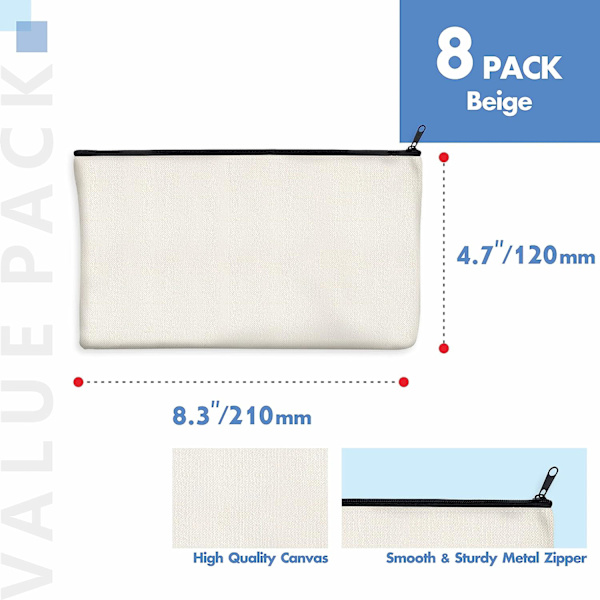8 Pakke Canvas Blyantposer, DIY Lynlåseposer, Kontorartikler