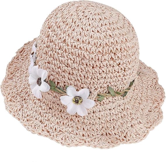 Halmhatte til Piger Foldbar Solhat (Pudder) med Blomsterdekoration