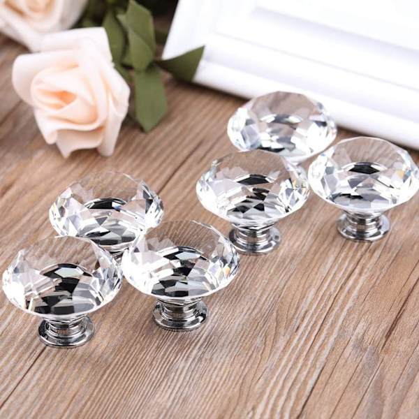 6 Krystallhåndtak, 30 mm diamantkrystall skuffeskapsdør