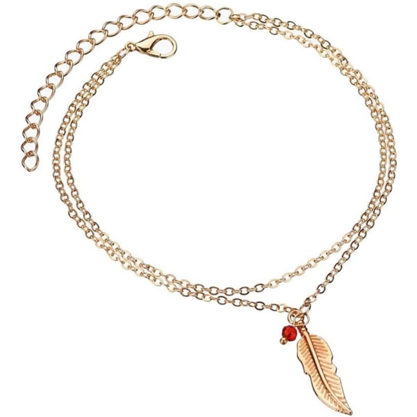 1pcs（Gold）Boho Feather Pendant Anklet With Red Crystal Layered