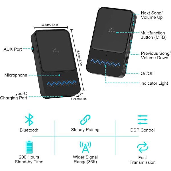 Bluetooth 5.0 -vastaanotin, 3,5 mm auton Bluetooth-sovitin, Bluetooth