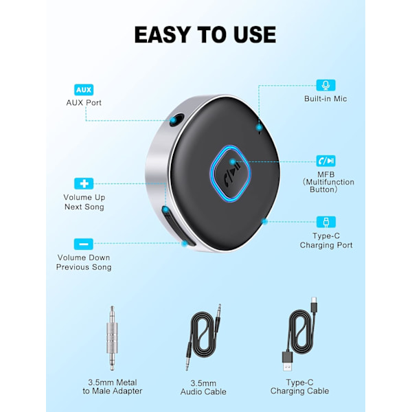 Bluetooth-adapter for bil, 3,5 mm AUX Bluetooth-mottaker for musikkstrømming, Bluetooth 5.0 trådløs lydmottaker