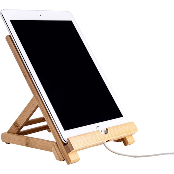 Justerbar sammenleggbar bambus nettbrettstativholder i tre med ladehull for skrivebord iPad matlagingsstativ