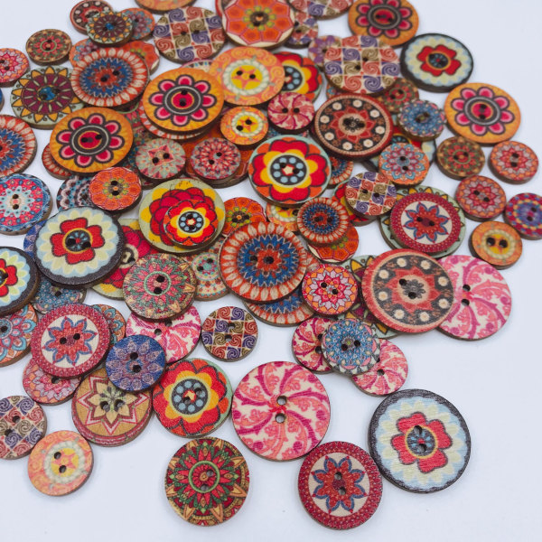 （15mm）100 st Mixed Random Knapp Blomma Måleri Runda Former Trä