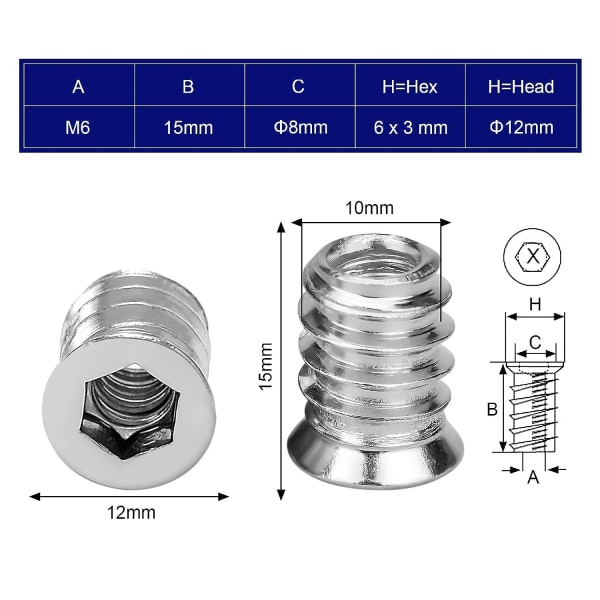 100PCS Wood Threaded Insert Hex Nut M6 x 15mm Zinc Alloy Screw