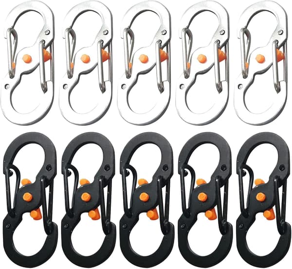 10 mini rustfrit stål S-snap clips, S-formet låse-nøgleholder