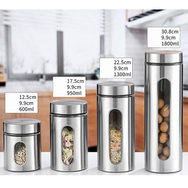 Sæt af 4 Opbevaringsglas Forseglede Glasbeholdere Rustfrit Stål Beholder
