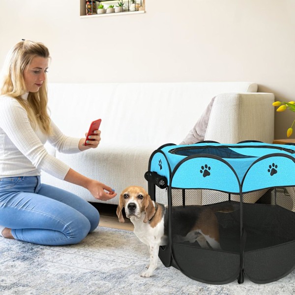 Hundlekhage, hopfällbar valphage, husdjurshage bärbar pop-up-tält 8-panel nätöverdrag bedårande design 600D mjuk Oxford lekhage kennel för inomhus-utomhus hund katt kanin. (S 28\" * 28\" * 18\", blå)