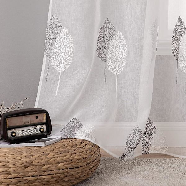 Gardiner Vardagsrum-Vackra med Trädmönster, Öglegardiner Voile, Voile Gardiner Dekoration, Set med 2 Broderade Fönstergardiner för Sovrum, 2X 10