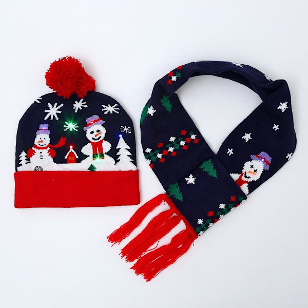 Jule-LED-lys beanie-lue med skjerf Strikket lue Jule-beanies for voksne barn Vinter varm julelue skjerf (C