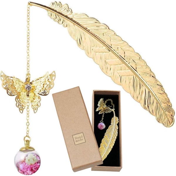 Bokmerke, Gold Metal Feather Bookmarks med 3D Butterfly og