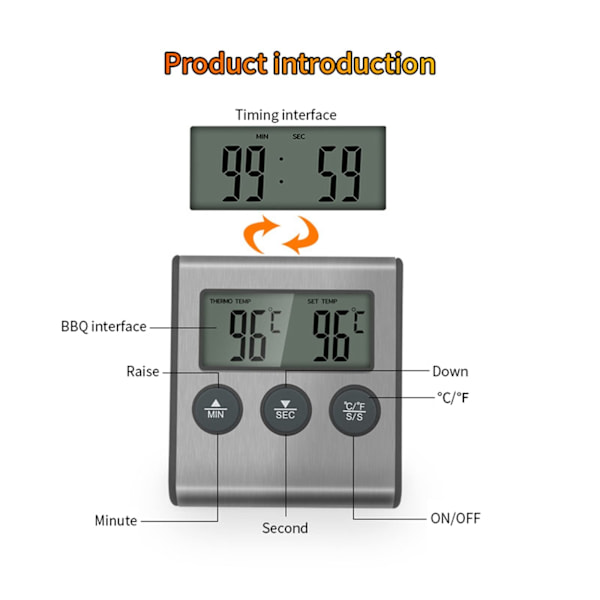 Digitalt steketermometer med timer og sonde for ovn, grill og mattemperaturmåling