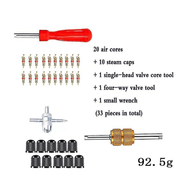 Venttiilin ytimen poistotyökalusarja, kaksois- ja yksipäinen venttiilin ytimen poistaja + 1 x 4-suuntainen venttiilityökalu + 10 x auton rengasventtiilin korkkia + 20 x venttiiliä