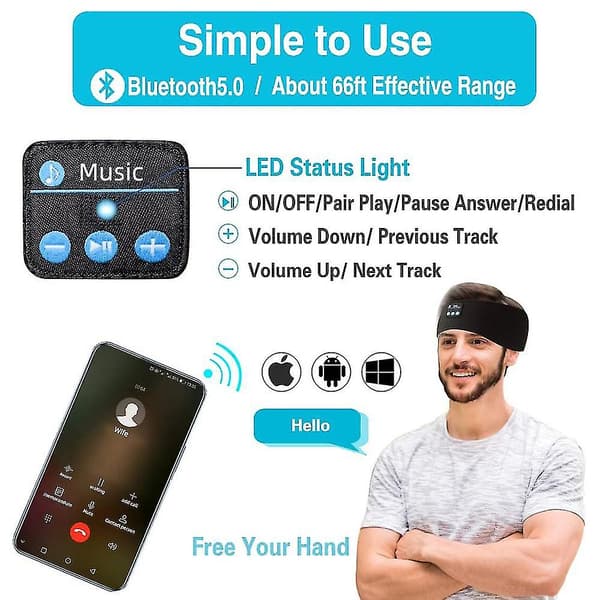 Sovehovedtelefoner Bluetooth-hovedbånd, perfekt til sport Sort