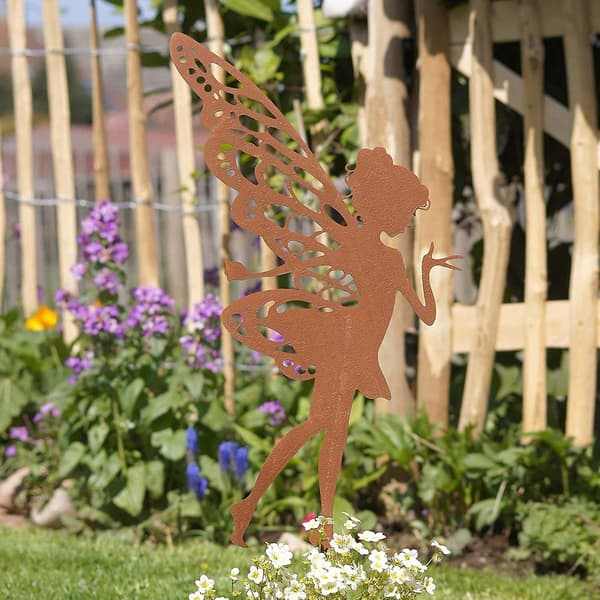 Rostig metall älva statyett, trädgårdsspade, dekorativ figur, älva på pinne, 35cm blomsterdekoration