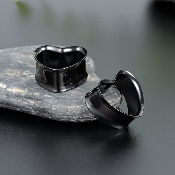 3 par öronproppar i rostfritt stål (svarta 10 mm), hjärtformade
