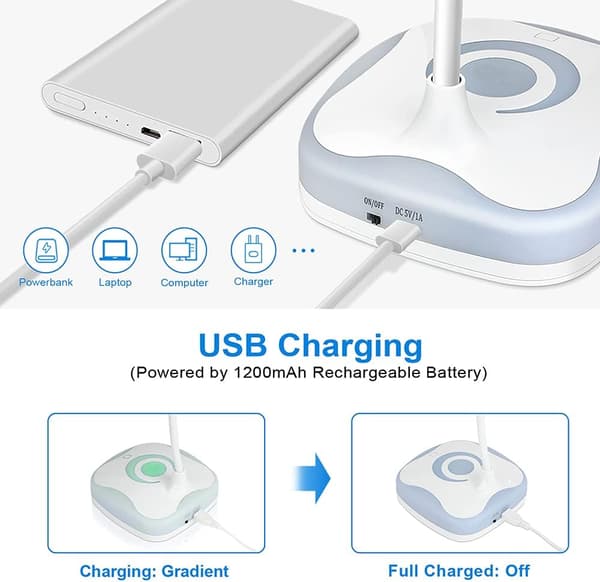 USB-oppladbart skrivebordslys, fleksibel hals, øyevern, 3