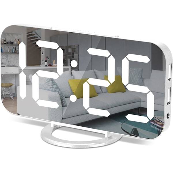 Digital väckarklocka, 6,3 tum LED-spegel elektroniska klockor, med 2 USB-laddningsportar, snooze-läge, automatisk justering av ljusstyrka