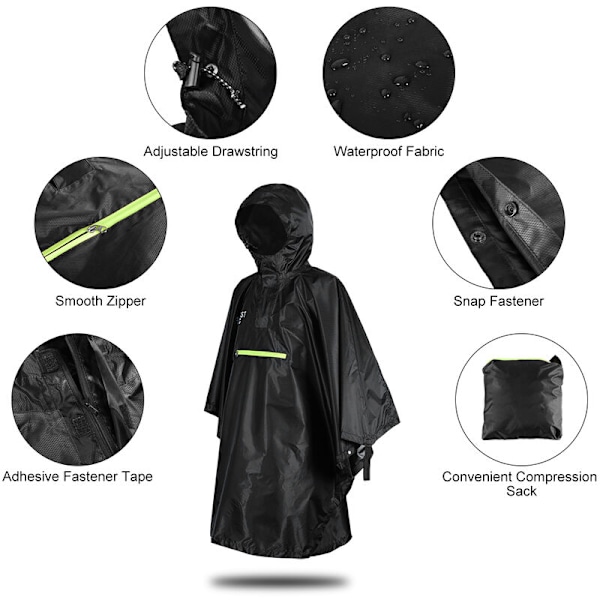 Regnfrakke til mænd og kvinder, vandtæt regntøj med refleks, regnponcho med refleksstribe, Model: Sort - Sort