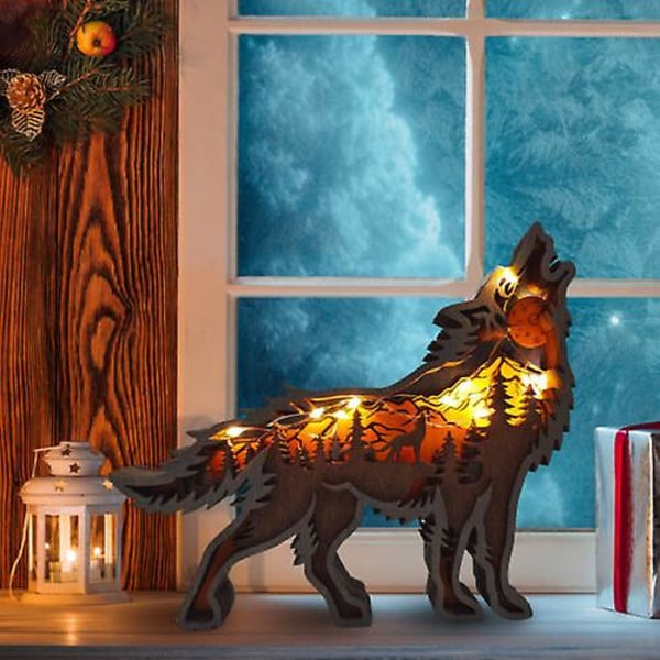 3d Forest Wolf Wooden Crafts Carving Sculpture Home Office Light Ornament Decor With string lights