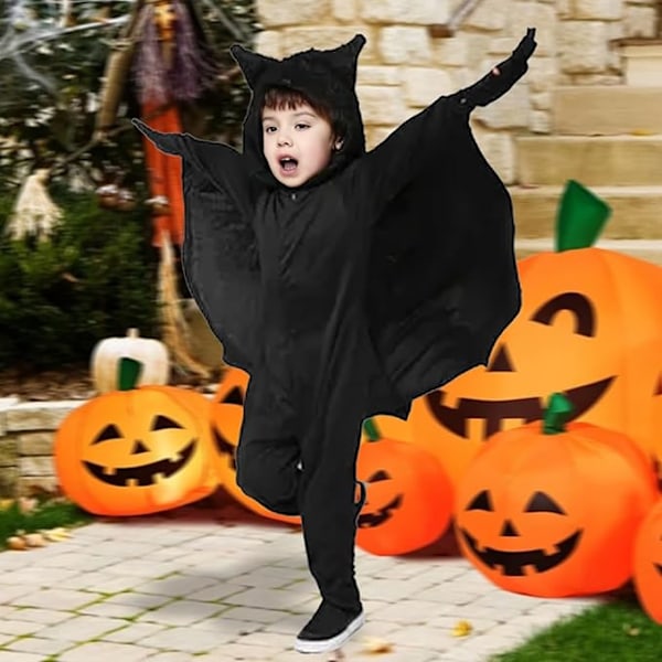 Barnedrakt for Halloween - Flaggermuskostyme for gutter og jenter, hettegenser med vinger for Halloween-triks eller godteri, passer