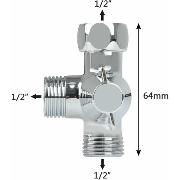 3-vejs afledningsventil til bruser, massiv messing, gevind (12,7 mm),