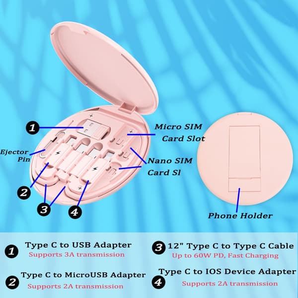 Monipuolinen USB-lataussovitinkaapelisarja, (Pinkki)