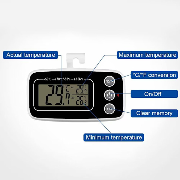 1 stk Kjøleskapstermometer Vanntett Frysertermometer Krok