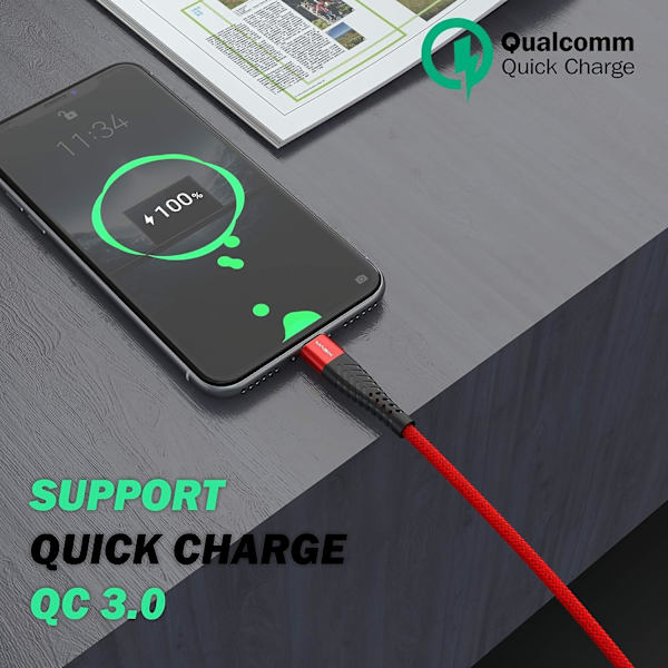 USB-C Laddningskabel 3A, Snabbladdning QC 3.0, Hög Hållbarhet