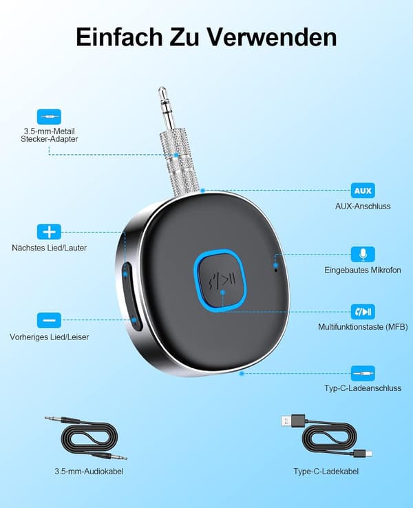 Auton Bluetooth AUX-sovitin, Langaton auton Bluetooth 5.0 -vastaanotin