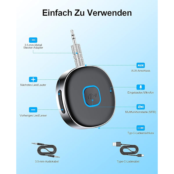 Bil Bluetooth AUX-adapter, Trådløs Bluetooth 5.0-mottaker for bil,