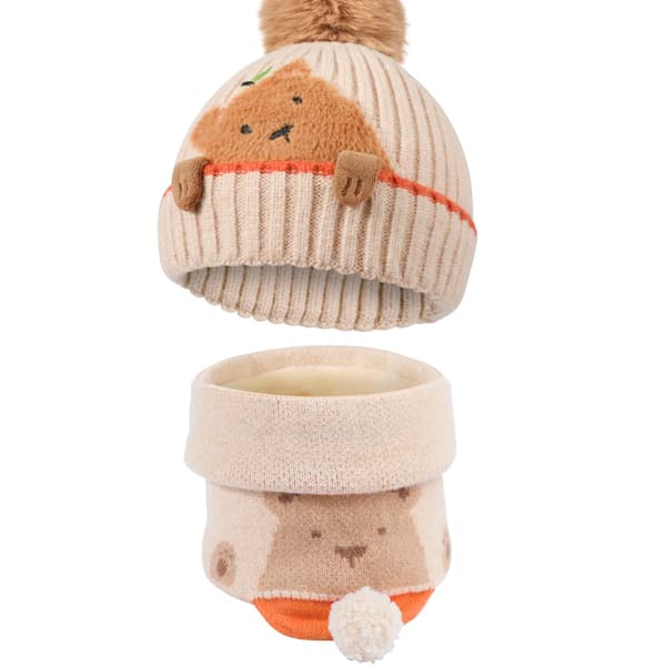 1 beige vinterfodrad ullfodrad varm stickad mössa halsduk set