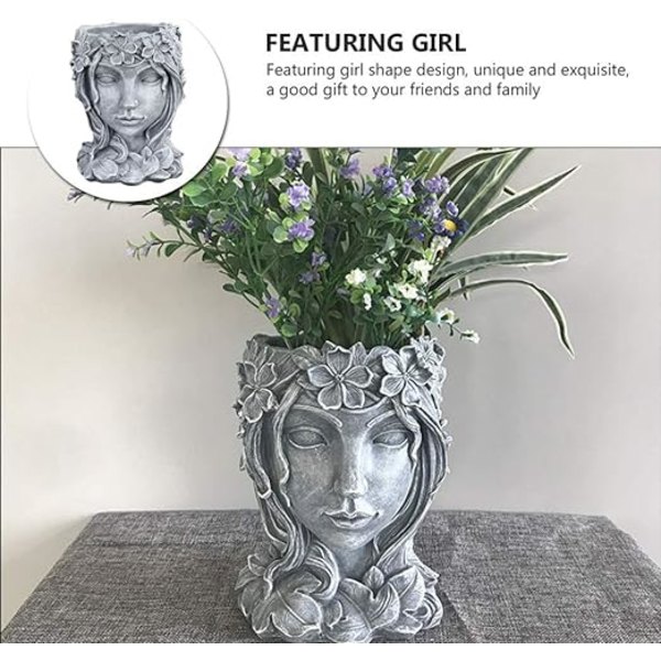 Grå flicka suckulent växtkruka resin kvinna staty planter resin