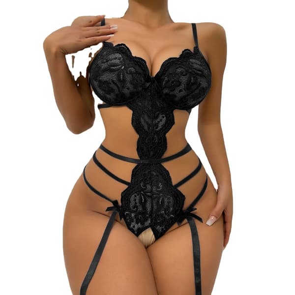 1 stk (Sort, XL) Lingeri Bodysuit Kvinders Blomster Teddy Mesh