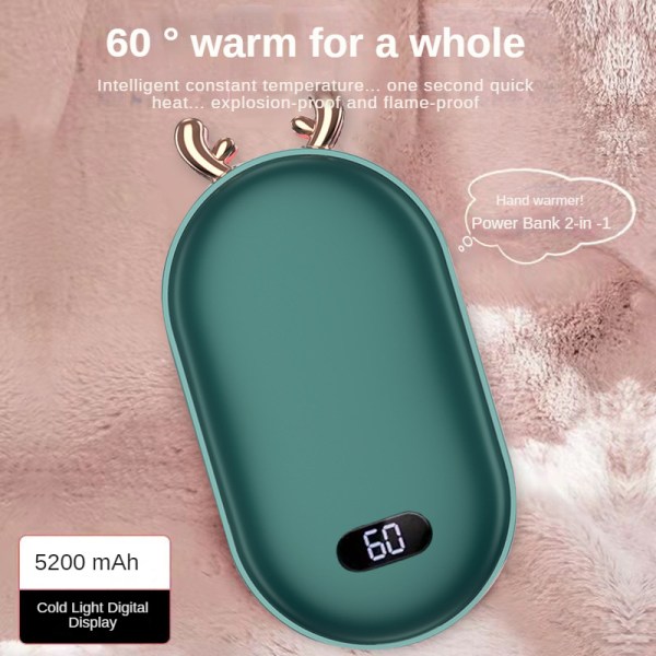 1 piece（Green、5200mA）Portable Pocket Warmer, 2 Temperature Gear