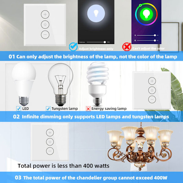Dimmer, WiFi lysdæmperkontakt Procentfunktion med timerfunktion F